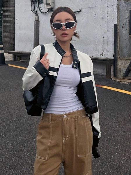 

womens jackets deeptown vintage zip up leather jacket for women harajuku streetwear grunge pu bomber black white casual crop coat autumn 230, Black;brown