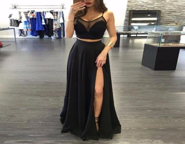 

black 2 piece split long prom dresses high thigh slit evening party dress two pieces see through chffion graduation gowns clu3922123