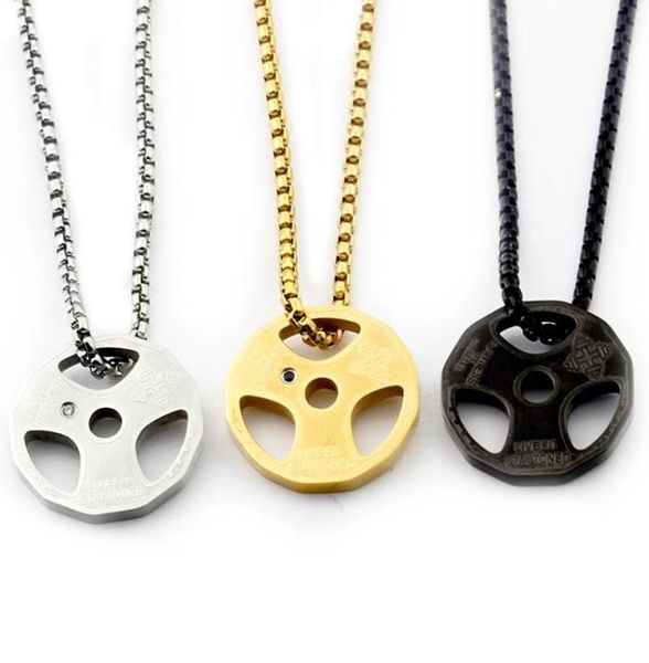 

stainless steel fitness necklace cool weight plate pendant barbell dumbbell weightlifting bodybuilding sports jewelry2591288, Silver