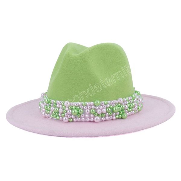 

pearls fedoras hat lime green and pink patchwork felt hat for women men jazz church hat wide brim panama cap, Blue;gray