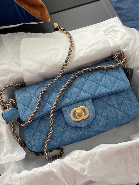 

2023 early spring new chain crossbody small golden ball square fat boy bag small fragrant blue casual denim bag small square bag