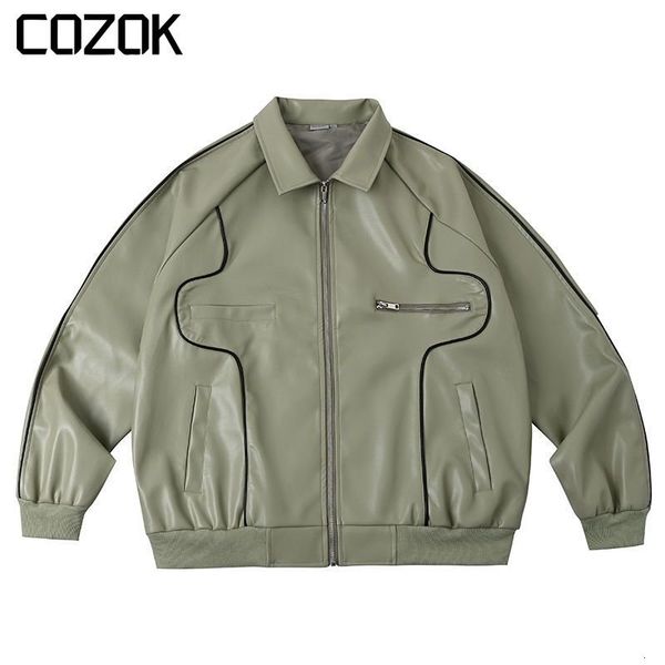 

mens jackets retro american black pu leather motorcycle jacket men striped design zipper bomber varsity vintage coat 230726, Black;brown