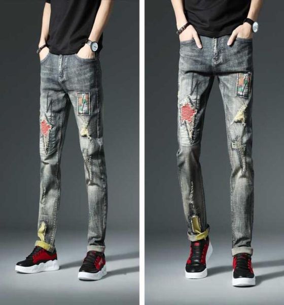 

fashion vintage men jeans slim fit embroidery patch designer ripped jeans men hip hop pants streetwear biker4334185, Blue
