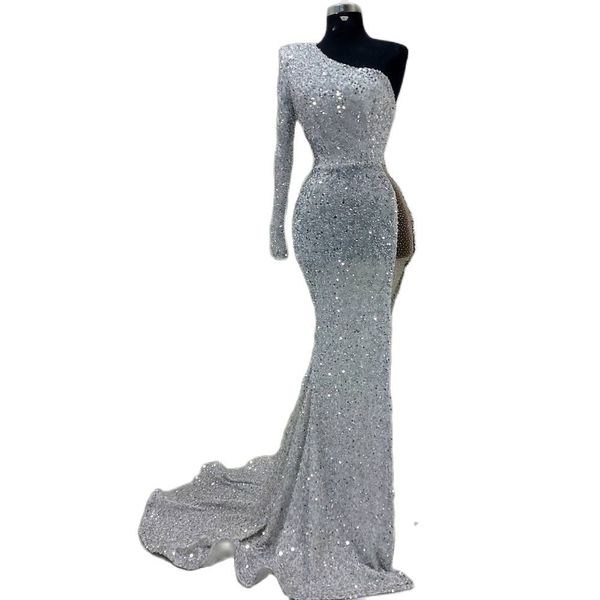 

sliver sequin mermaid evening dresses one shoulder single sleeve celebrity gown beaded side split trumpet womens birthday party dress, Black;red