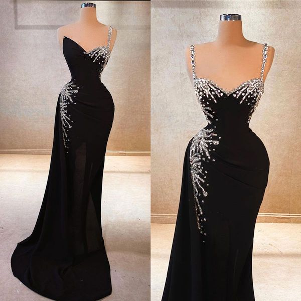 

black one shoulder mermaid evening dresses beading prom dress sleeveless floor length crystal formal party gowns, Black;red