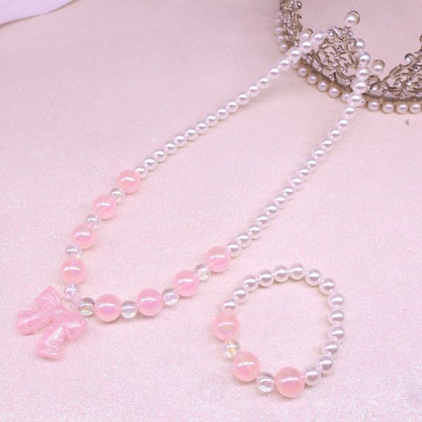 

acrylic necklace set girl bow colorful jelly color beads imitation pearl necklace bracelet, Silver