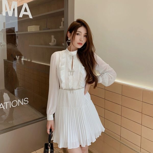 

new-s-elf-portrait chiffon pleated dress round neck long sleeve mini dress for women, Black;gray