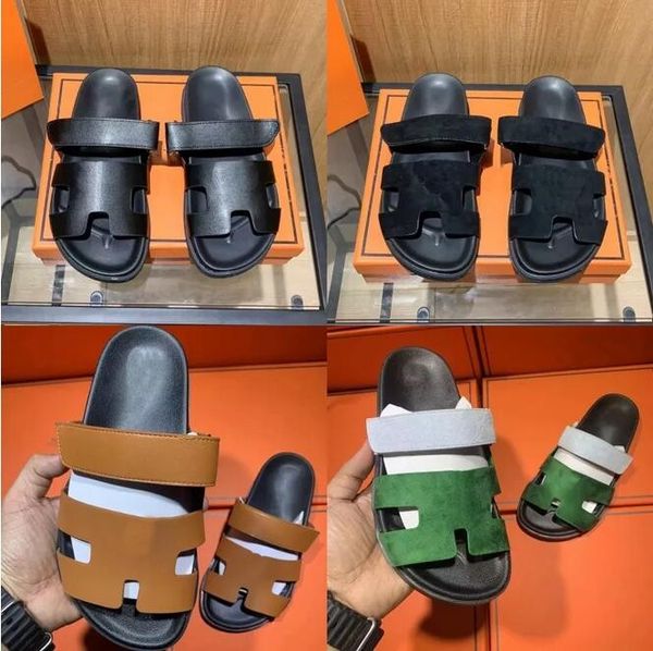 

man chypre slippers men women genuine leather sandal suede slippers thick bottom flip flops summ marine green calfskin slipper, Black