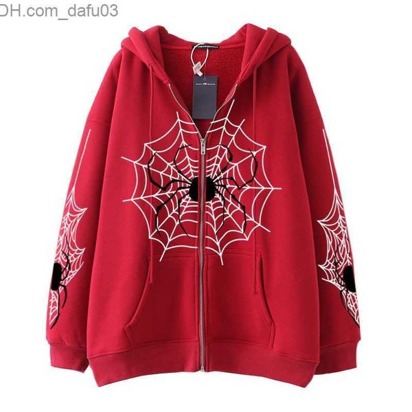 

women's hoodies sweatshirts gothic ins spider web y2k zipper women's hoodie and sweatshirt loose oversized harajuku street clothes, Black