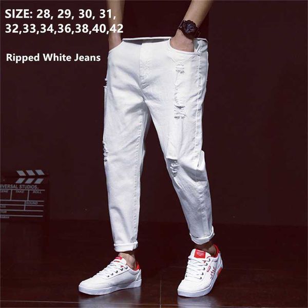 

men's white jeans men ripped harem jean denim distressed mens pants spring summer for man plus size 38 40 42 big cowboy trousers 211009, Blue