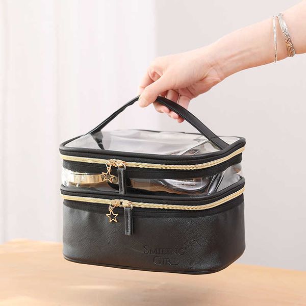 

cosmetic bags cases high capacity double layer waterproof makeup bag transparent travel wash pu cosmetics storage 230704
