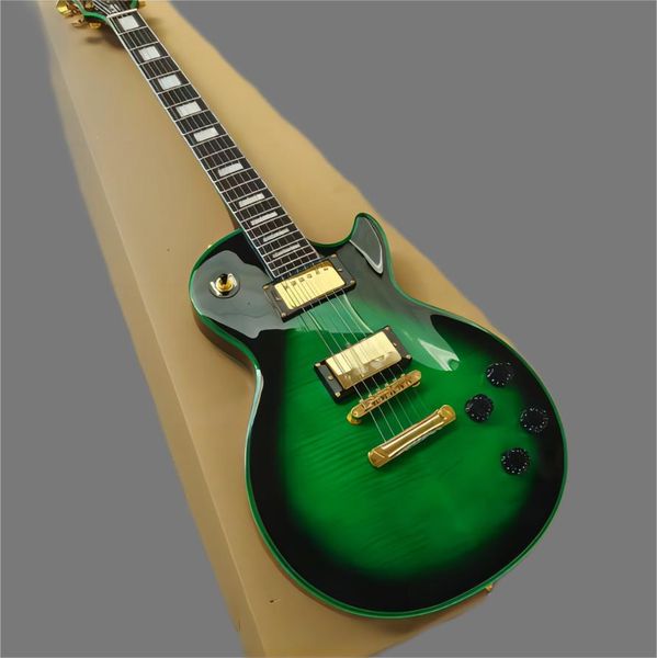 

custom electric guitar with green and purple logo, good tiger pattern, gold accessories, fast delivery