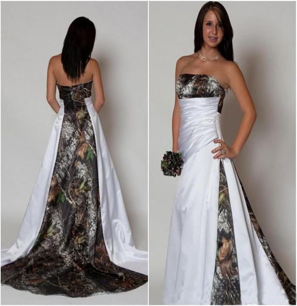 

new arrival strapless camo wedding dress with pleats empire waist a line sweep train realtree camouflage bridal gowns5834159, White