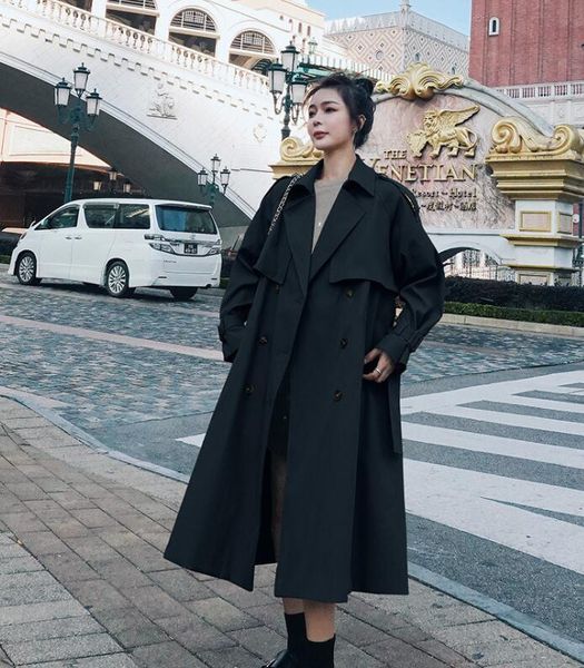 

autumn trench coat double-breasted long khaki trench coat for women casual loose jackets classic lapel overcoat belt streetwear, Tan;black