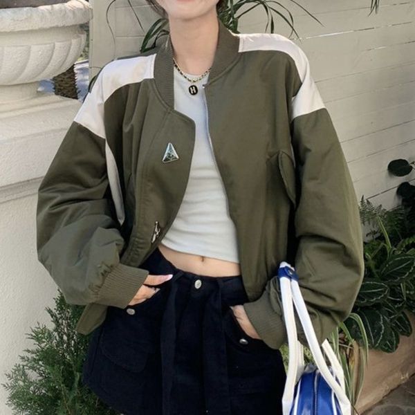 

womens jackets deeptown vintage harajuku green zip bomber women korean style streetwear 90s patchwork oversize jacket hippie tracksuit 23072, Black;brown
