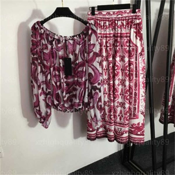 

designer women clothing womens two piece printed blouse dress set vintage floral print wear chiffon silk long sleeve high waist pleated half, White
