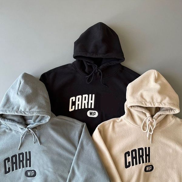 

carhar lambskin fleece hooded embroidered letter hoodie reflective long sleeve fleece hoodie cotton men vintage sweatshirts, Black;brown