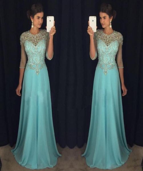 

chic illusion blue prom evening dresses aline sheer neck rhinestones major beaded 34long sleeves chiffon formal party gown celeb1842616, Black