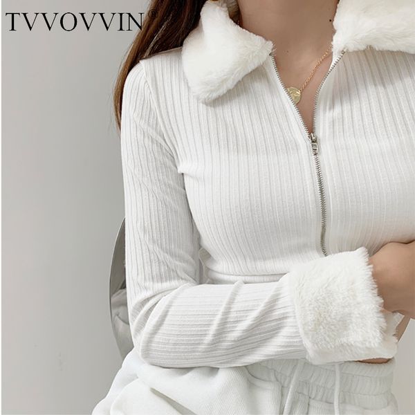 

women's knits tees tvvovvin fashion fur collar long sleeve slim knitted cardigan solid color screw thread open navel zipper sweater kor, White
