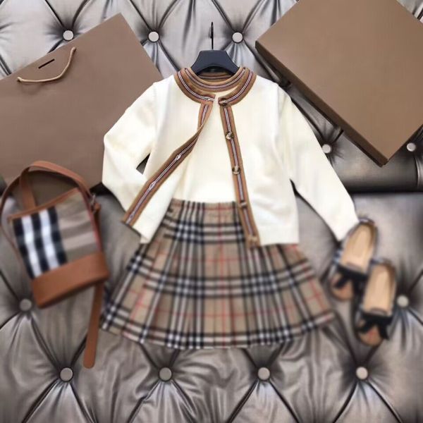 

dresses for special occasions spring and autumn girls knitted long sleeve cardigan short sleeve pleated skirt three-piece casual suit, White