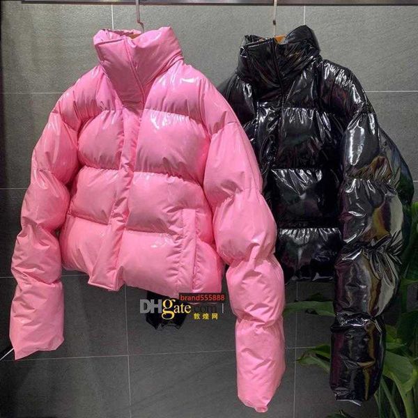 

women's down parkas winter women bright pu pink puffer jacket thick bubble coat zipper glossy leather parka outerwear stand collar loos, Black