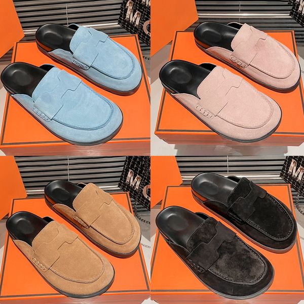 

new go mule suede calfskin designer sandals womens slippers sky blue beige argile pink noir flats slides summer fashion flip flops women out, Black