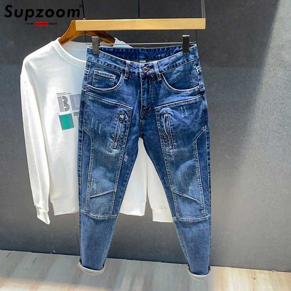 

men's supzoom arrival fashion autumn zipper fly stoashed casual patchwork cargo denim pockets cotton jeans men 230316 l230726, Blue