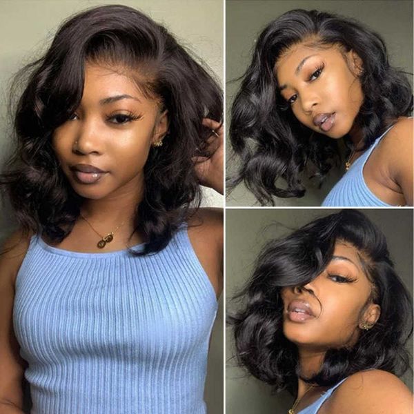 

synthetic wigs brazilian body wave short bob 4x4 closure wig transparent 13x4 lace front human hair wigs for women pre plucked natural 23022, Black