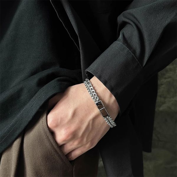 

ins niche design minimalist double layer cuban bracelet men's trendy titanium steel color fast hip-hop fashion charm accessories, Black