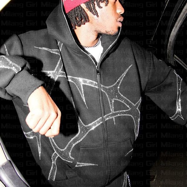 

mens hoodies sweatshirts american retro hip hop zip up hoodie women men street fashion drill graphic long pullover winter warm zipper jacket, Black