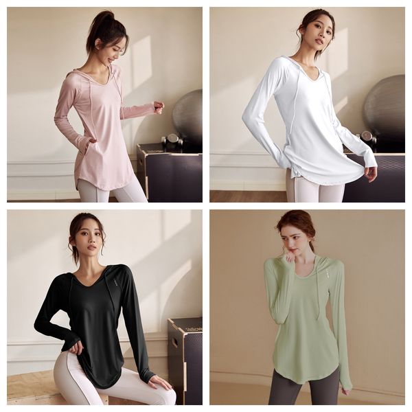 

fitness suit women's loose fitting long sleeved casual sports medium length slimming and body covering yoga suit, hooded fitness sweat, White;red