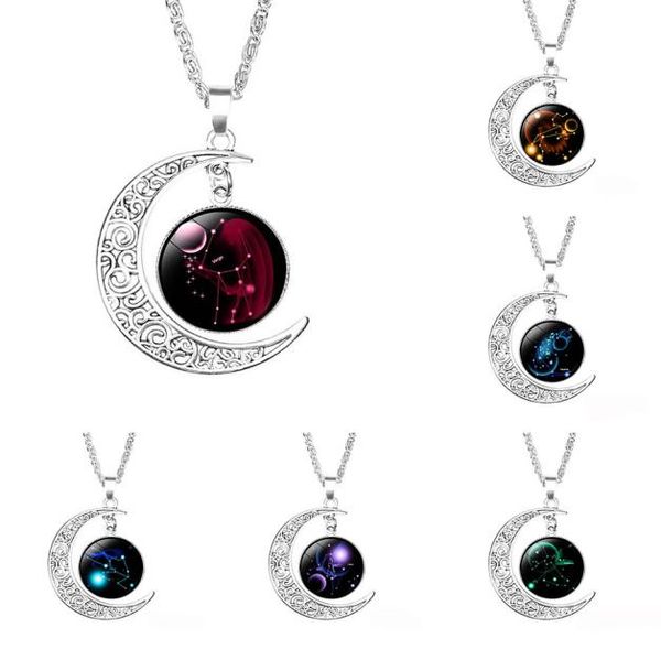 

new 12 zodiac sign pendant moon necklaces for women glass cabochon constellation charm chains fashion jewelry gift2473304, Silver