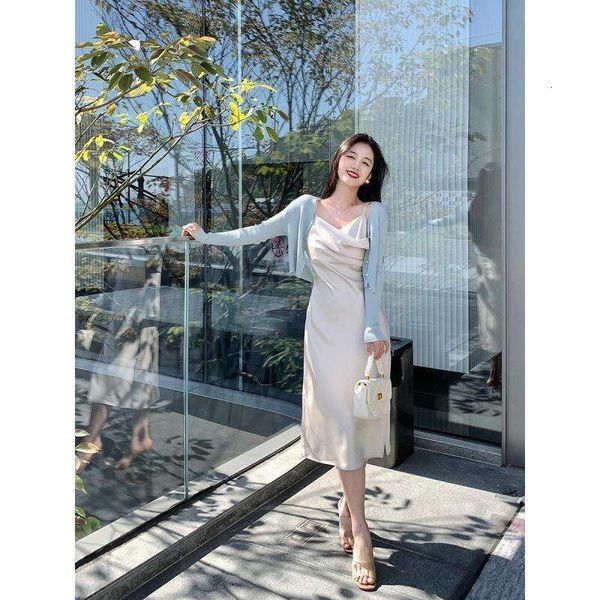 

pure desire style simple dress womens summer elegant french break pleated split sling long skirt fashion, Black;gray