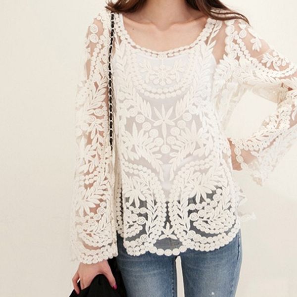 

womens blouses shirts ladies handmade crochet summer beach lace shirt long sleeve women bohemian blouse pullover 230726, White