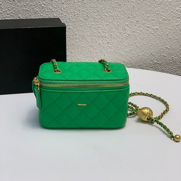

women designer lambskin leather cosmetic case vanity box bag crush pearl gold ball metal hardware matelasse chain crossbody shoulder zipper