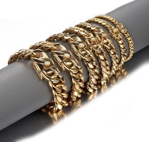 

new fashion 681012141618mm 316l stainless steel miami curb cuban link chain gold color bracelet mens jewelry wristband1824998, Black