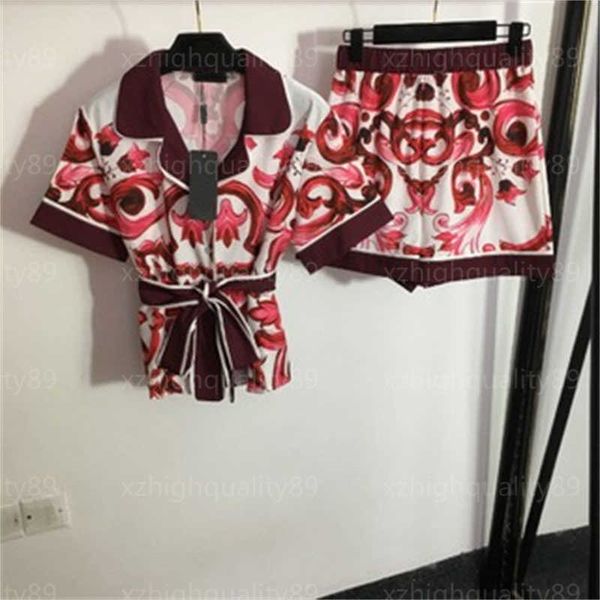 

summer womens two piece pant set designer suit retro print tie waist lapel short sleeve shirt high waist shorts casual comfort homewear desi, White