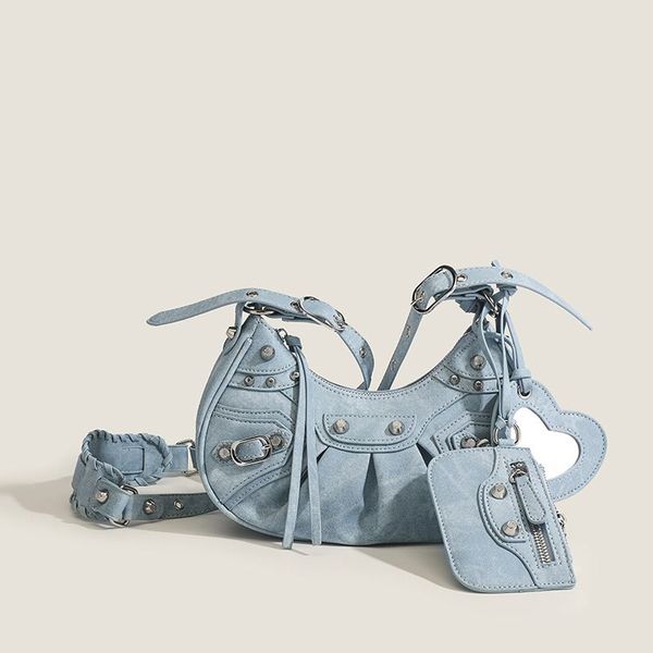 

motorcycle bag in denim, underarm with rhinestone rivets, three-in-one, crocodile texture crescent moon, single shoulder crossbody, wanderer