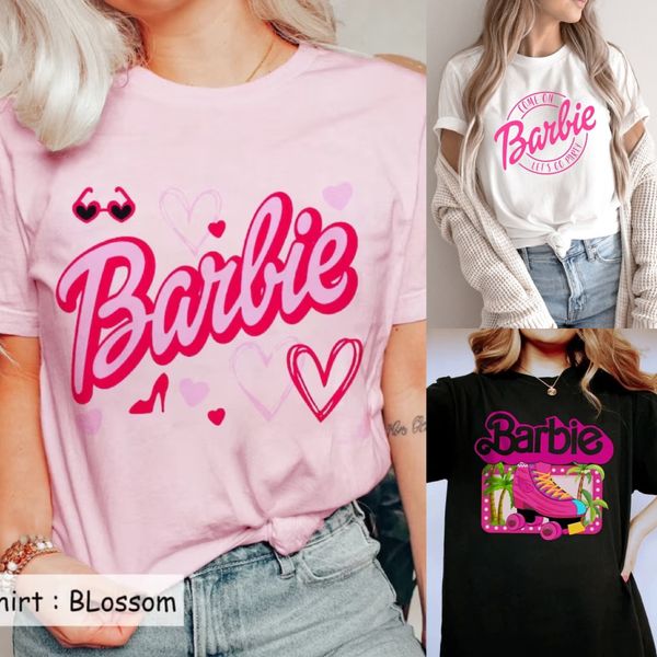 

fashion ladies barbie women's solid t-shirt short sleeve with letter print pure cotton barbie pink cloth s-3xl, White