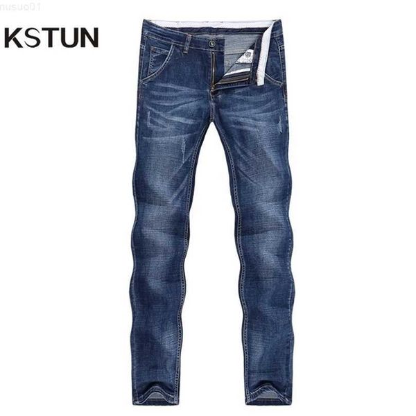 

kstun jeans men summer thin blue slim straight denim pants casual fashion men's trousers full length cowboys man homme jean 210318 l230