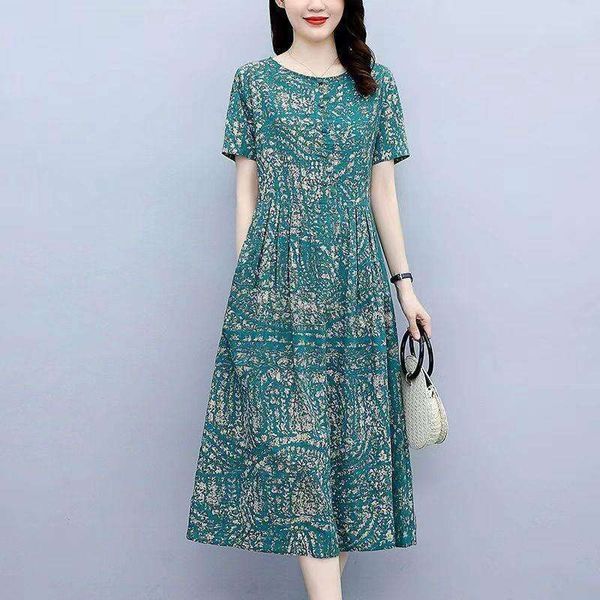 

cotton linen dress for women mid length summer style artistic floral loose temperament western short, Black;gray