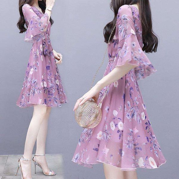 

summer womens dress slimming gentle tight waist medium and long floral print, Black;gray
