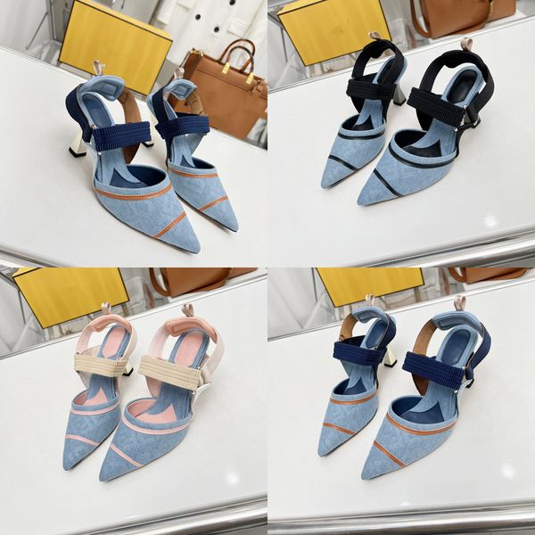 

2023 designer italy sandals colibri sandals classic women sandal pointed high heels 8cm multicolor denim canvas stiletto pumps pointed toe f, Black