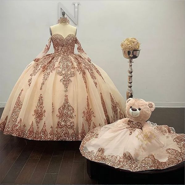 

rose gold sparkly ball gown quinceanera dresses long sleeves off the shoulder sequines applique sweet 16 dress party wear 2023, Blue;red