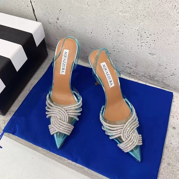 

2023 aquazzura new designers heels womens sandals heels crysta buckle party wedding dress shoes heel back strap 100% leather sole sandal 35-, Black