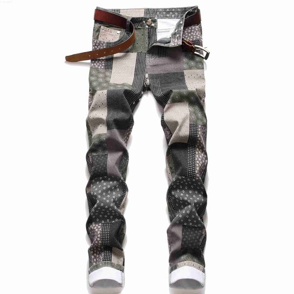 

men's jeans fashion casual sports tight elastic pencil pants zipper perforated print black slim fit men y2303 l230726, Blue