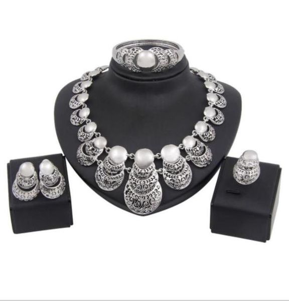 

charm dubai gold plated crystal jewelry sets for women african pendant necklace earrings bangle rings party dress accessories l2bi9830972, Slivery;golden