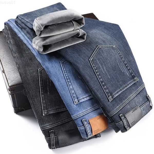 

men's classic men slim fit jeans fleece denim business fashion loose casual stretch pants male brand plus velvet warm trousers 230316 l, Blue