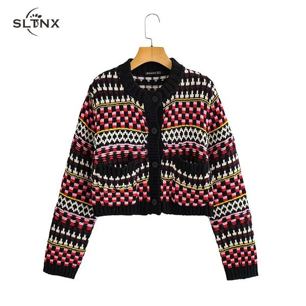 

women's knits tees sltnx fashion 2023 cardigan for women oneck long sleeve vintage sweater ladies chic singlebreasted sweaters clothing, White