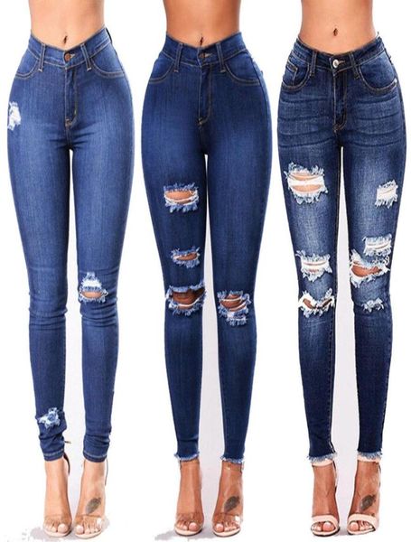 

new stylish womens high waisted skinny ripped denim pants slim pencil jeans trousers plus size 3 styles6674184, Blue